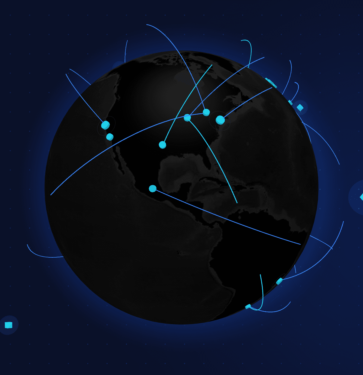 Globe with data points and communication arcs connecting cities worldwide